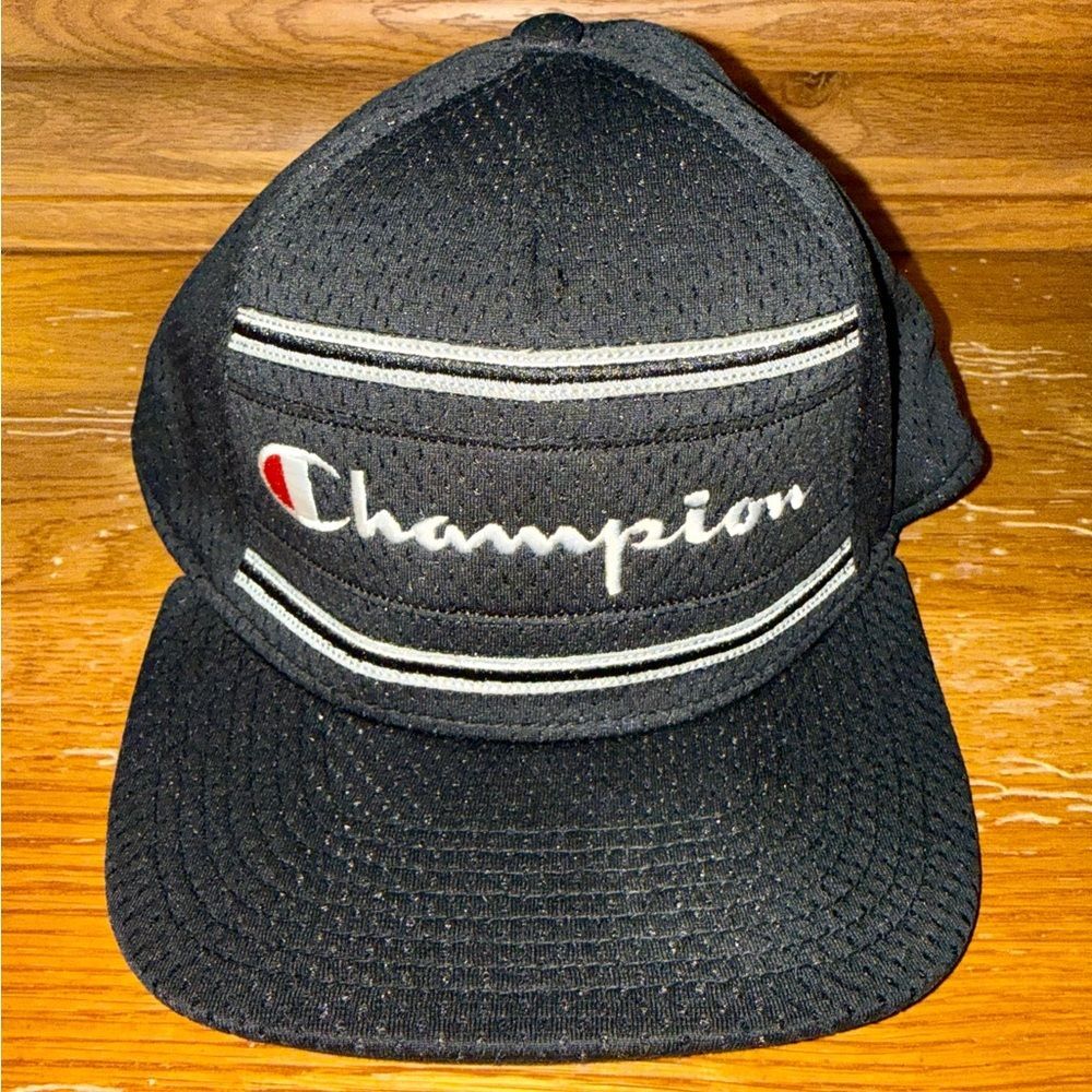 Champion Black and White Logo Cap Fitted Rare! Breathable mesh!